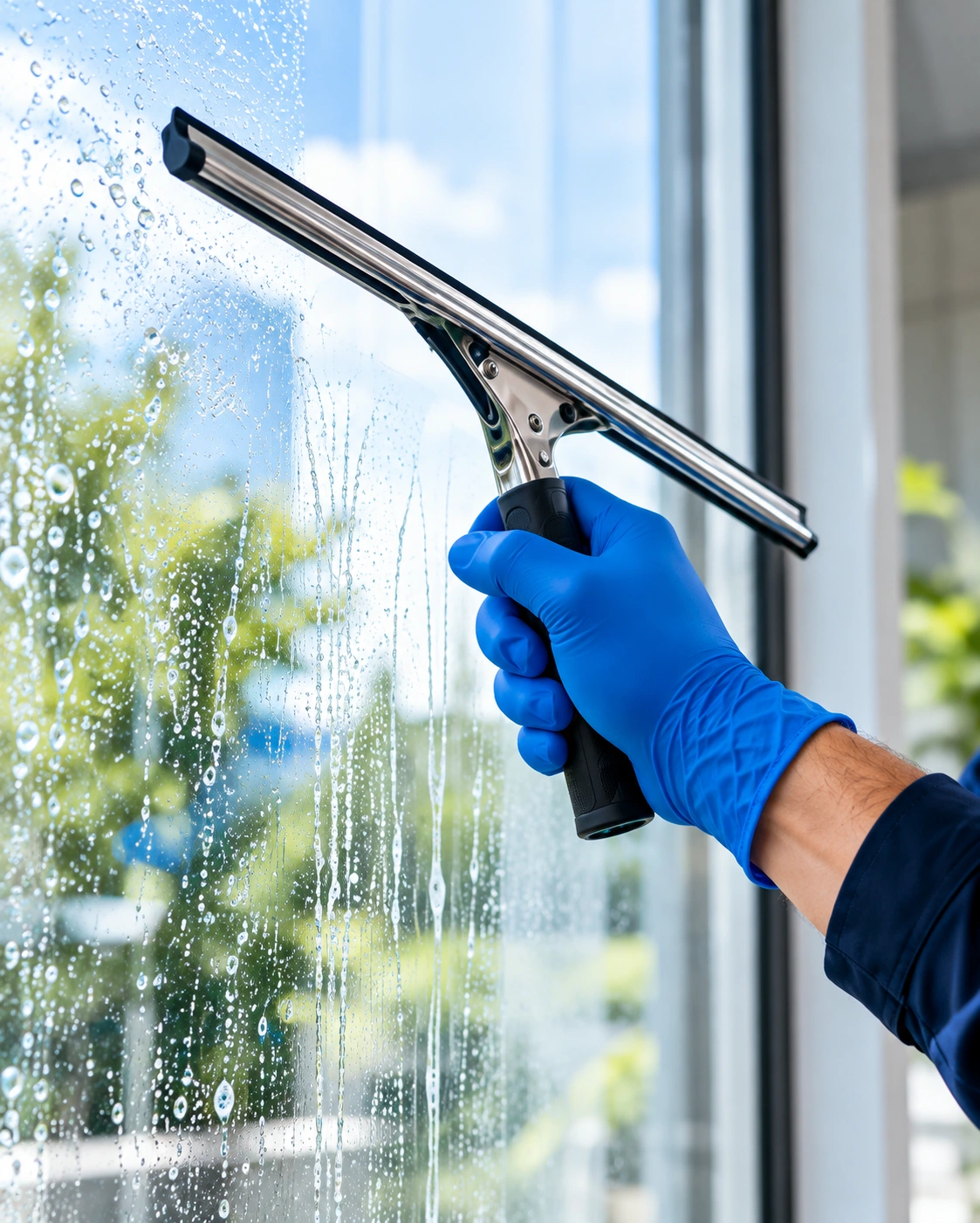 Fensterreinigung mit Abzieher und blauem Handschuh