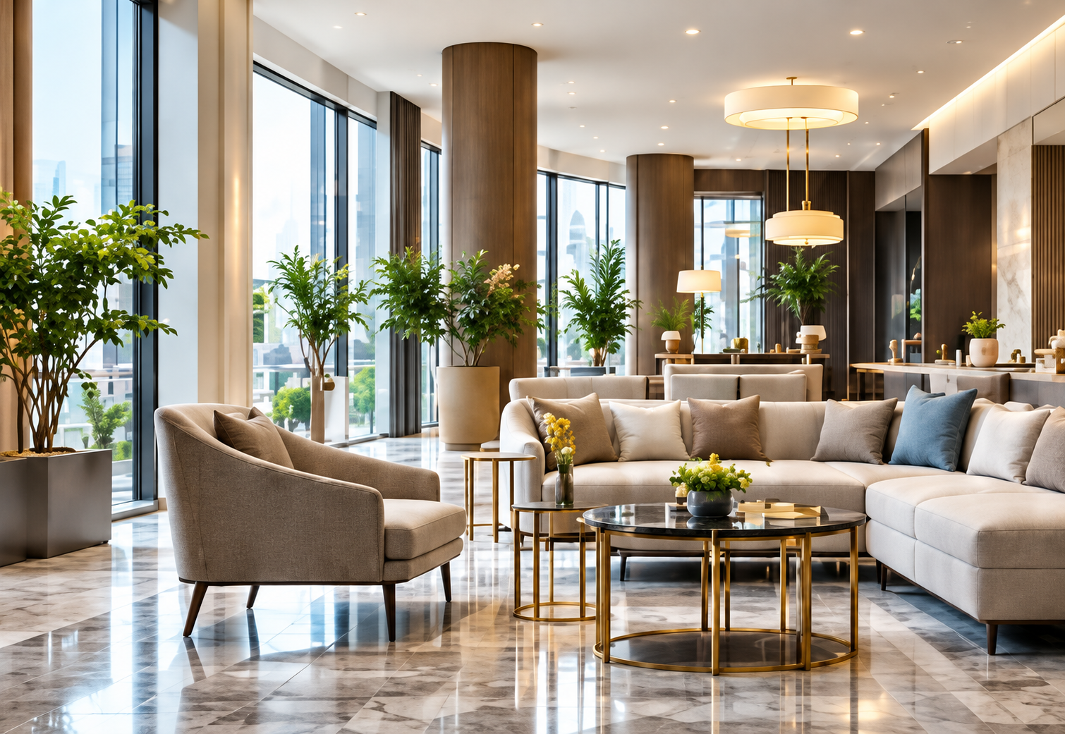 Heller Hotelinnenraum mit Sitzgruppen, Pflanzen und großen Fenstern